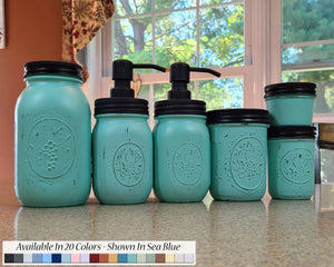 Custom Painted Mason Jar Bathroom Set, 20 Paint Colors, Shown in Sea Blue with Black Lids