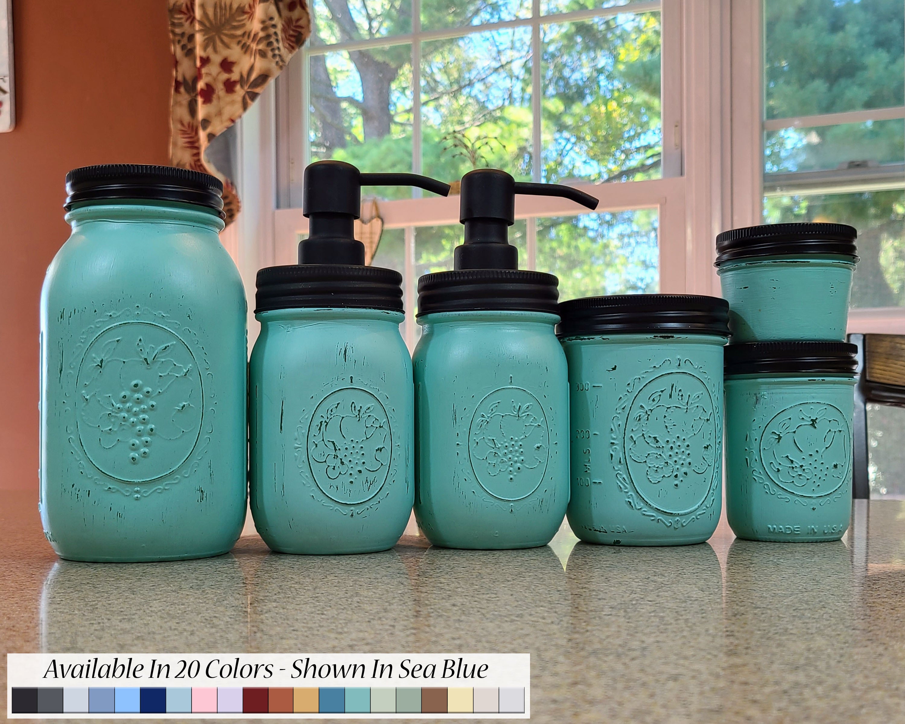 Custom Painted Mason Jar Bathroom Sets, Shown in Sea Blue with Black Lids, Lane of Lenore