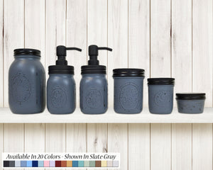 Custom Painted Mason Jar Bathroom Sets, Shown in Slate Gray with Black Lids, Lane of Lenore