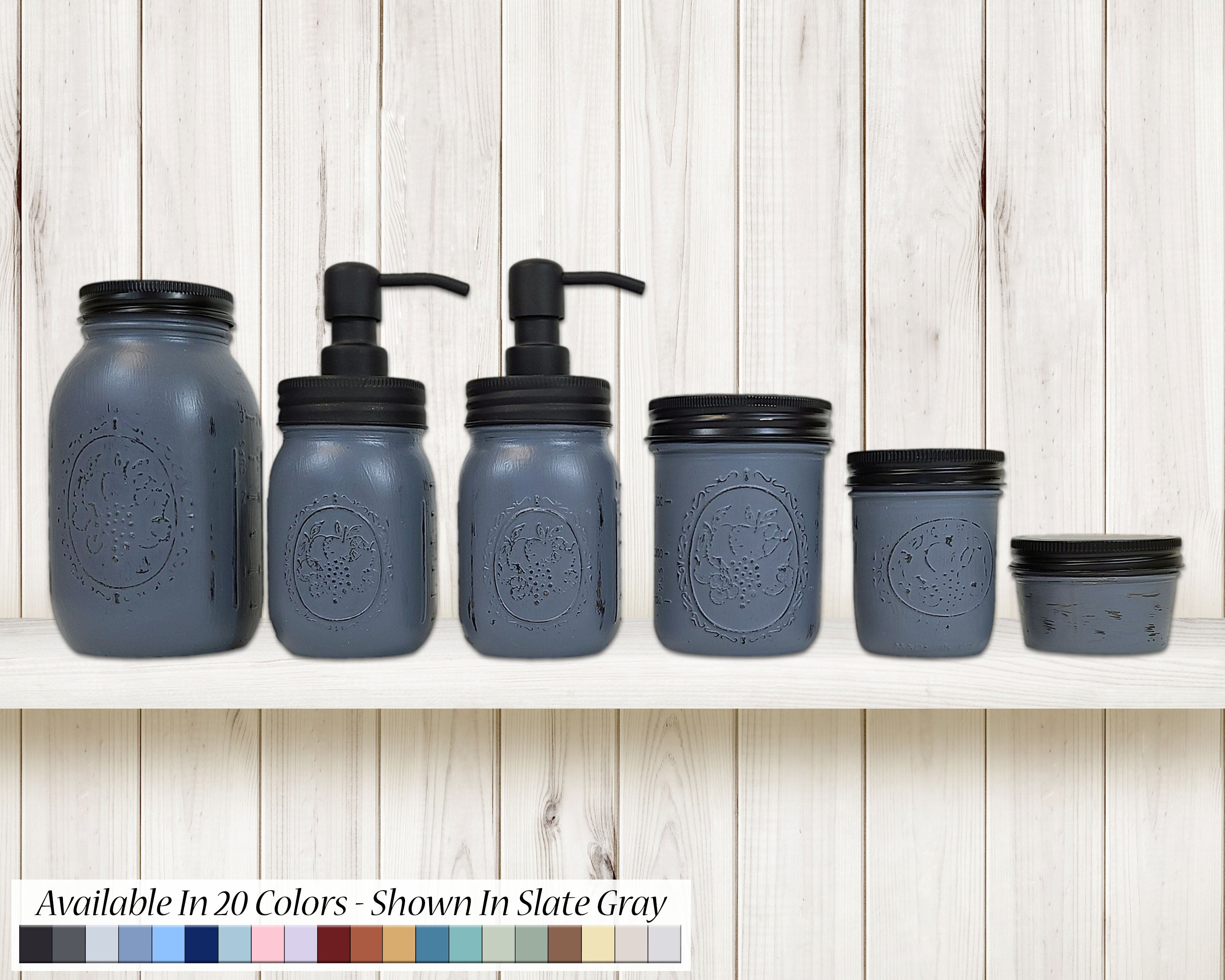 Custom Painted Mason Jar Bathroom Set, 20 Paint Colors, Shown in Slate Gray with Black Lids