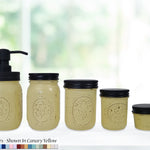 Custom Painted Mason Jar Bathroom Sets, Shown in Canary Yellow with Black Lids