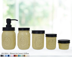 Custom Painted Mason Jar Bathroom Sets, Shown in Canary Yellow with Black Lids