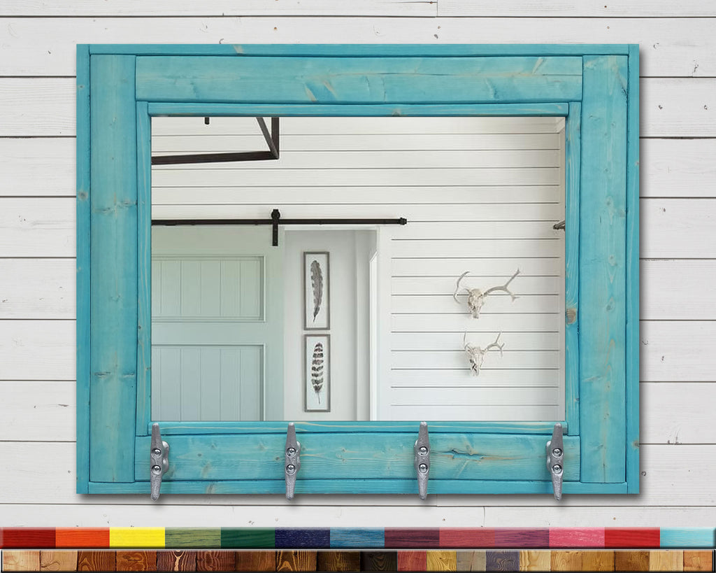 Boat House Row Mirror with Boat Cleats, 33 Stain Colors, Shown in Vintage Aqua Teal, Lane of Lenore