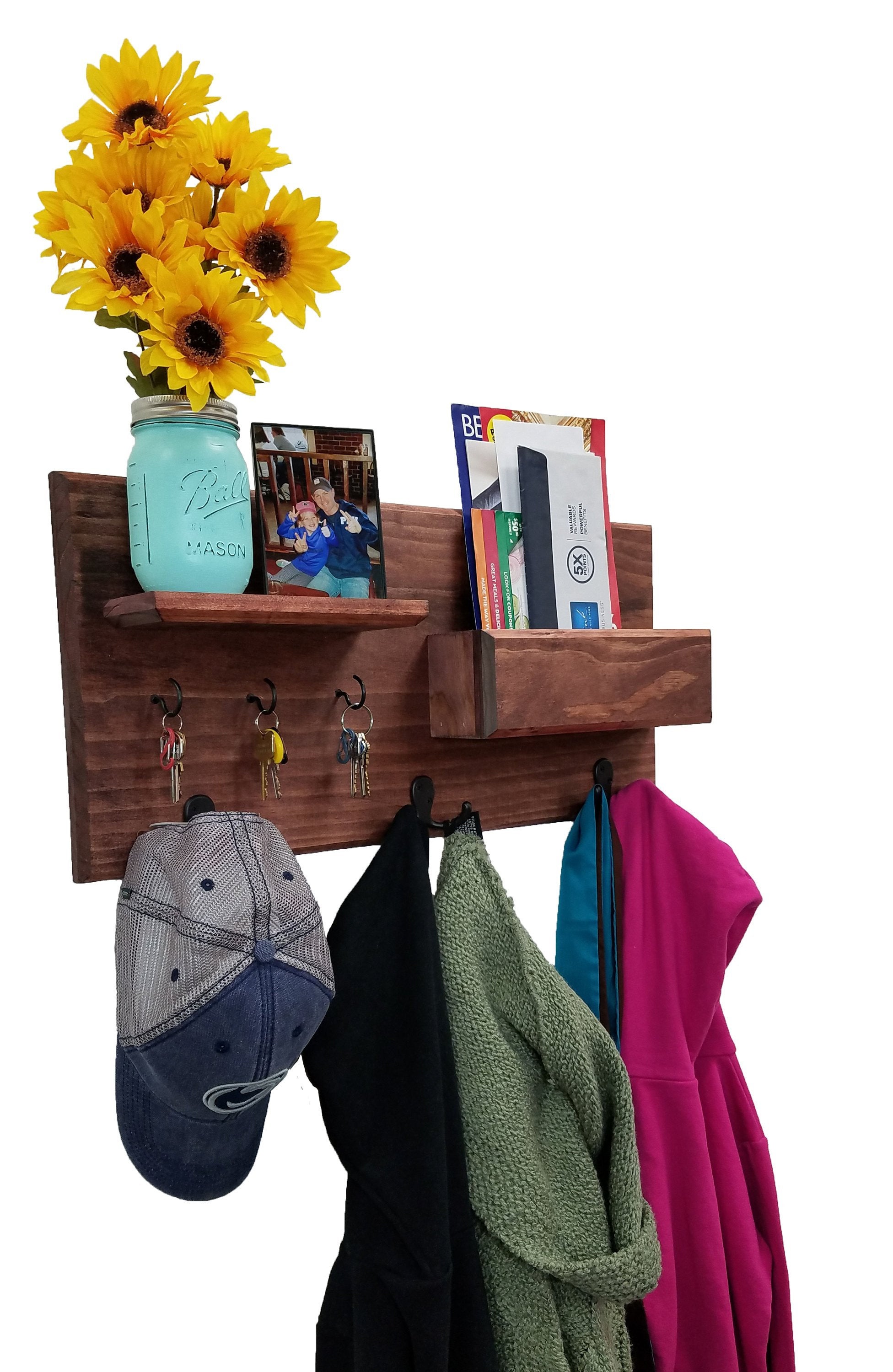 Hamilton Elite Wall Mounted Mail Organizer, Shown in Red Mahogany with Oiled Bronze Hooks