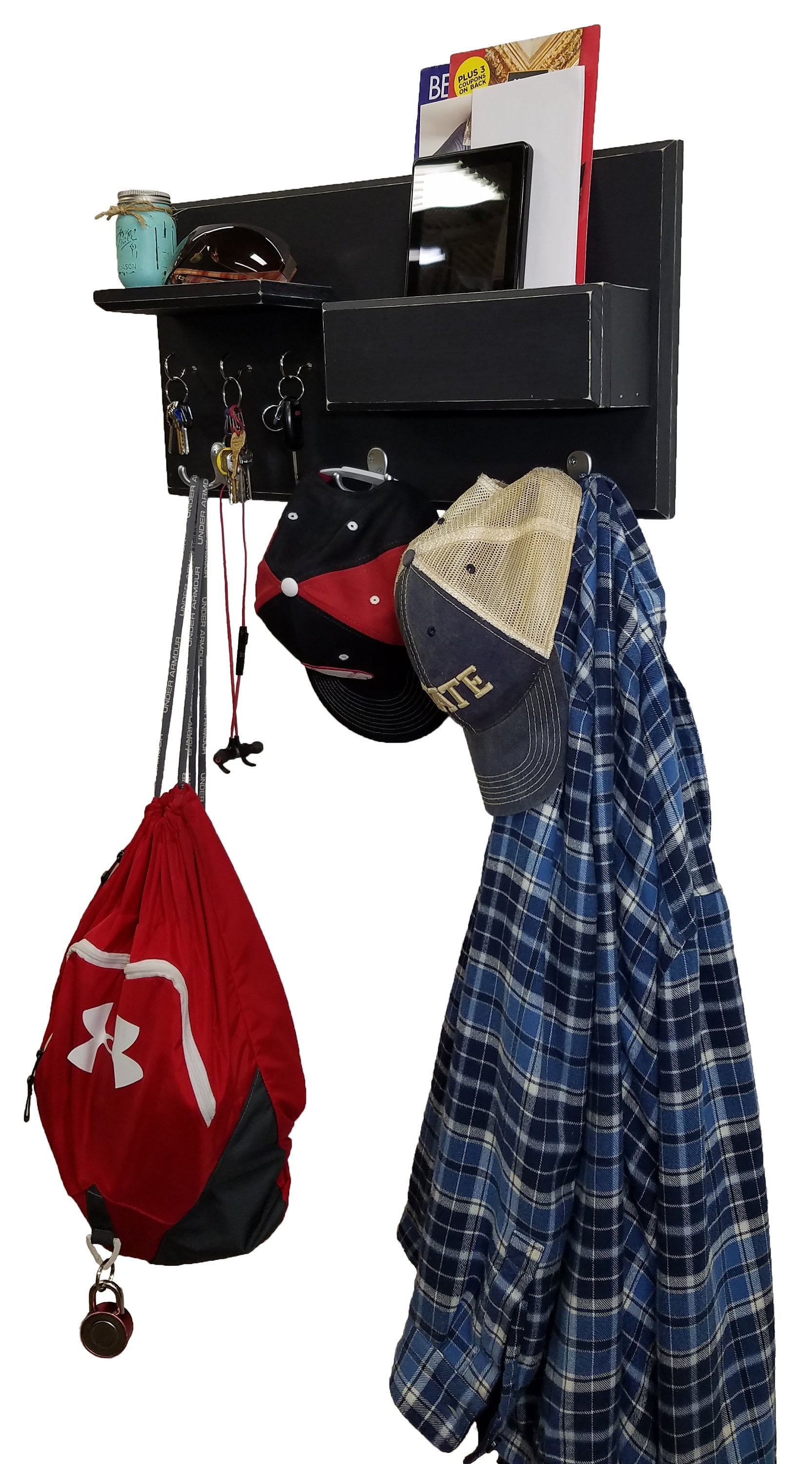 Hamilton Elite Wall Mounted Organizer, Shown in Kettle Black with Nickel Hooks