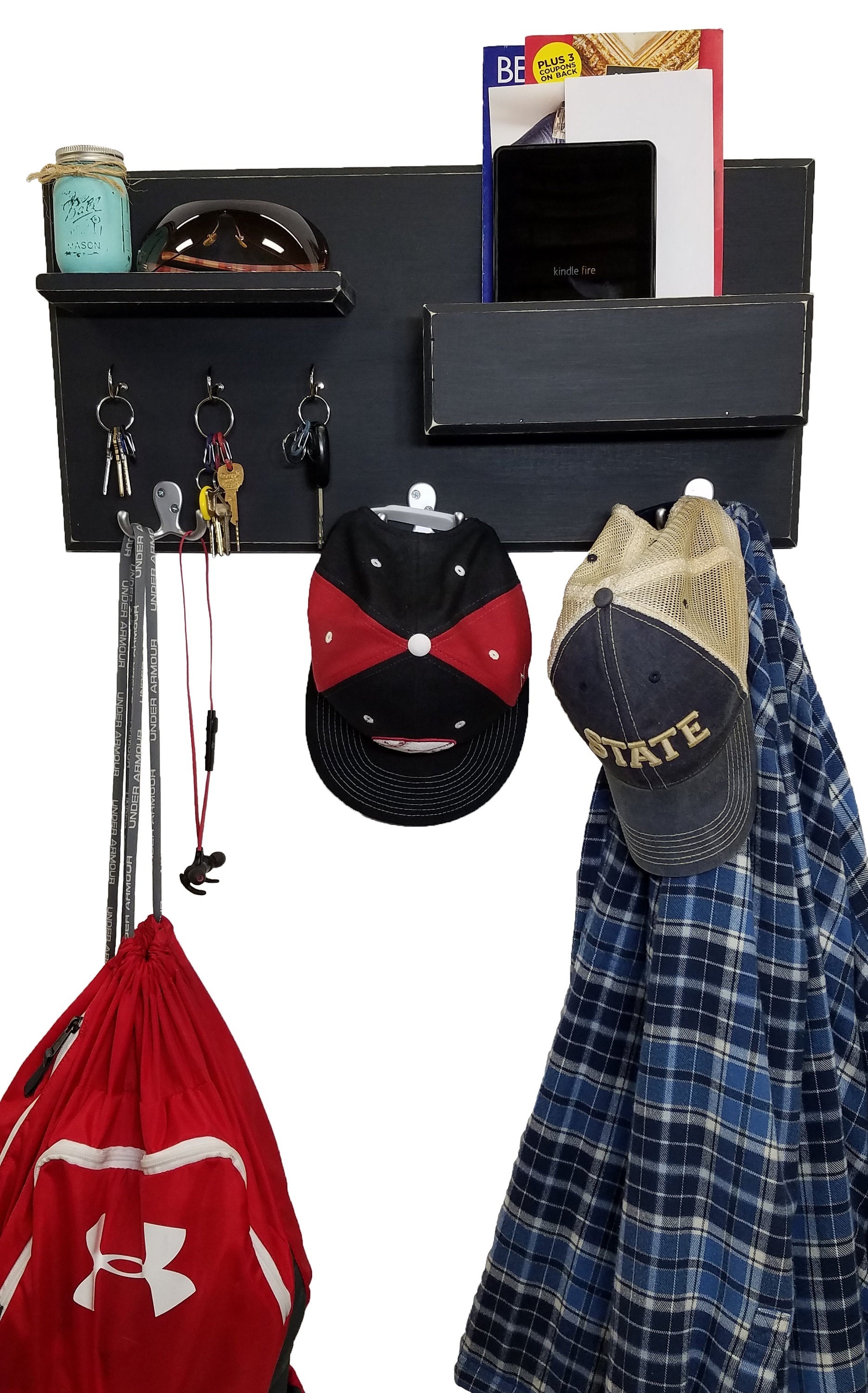 Hamilton Elite Wall Mounted Organizer, Shown in Kettle Black with Nickel Hooks