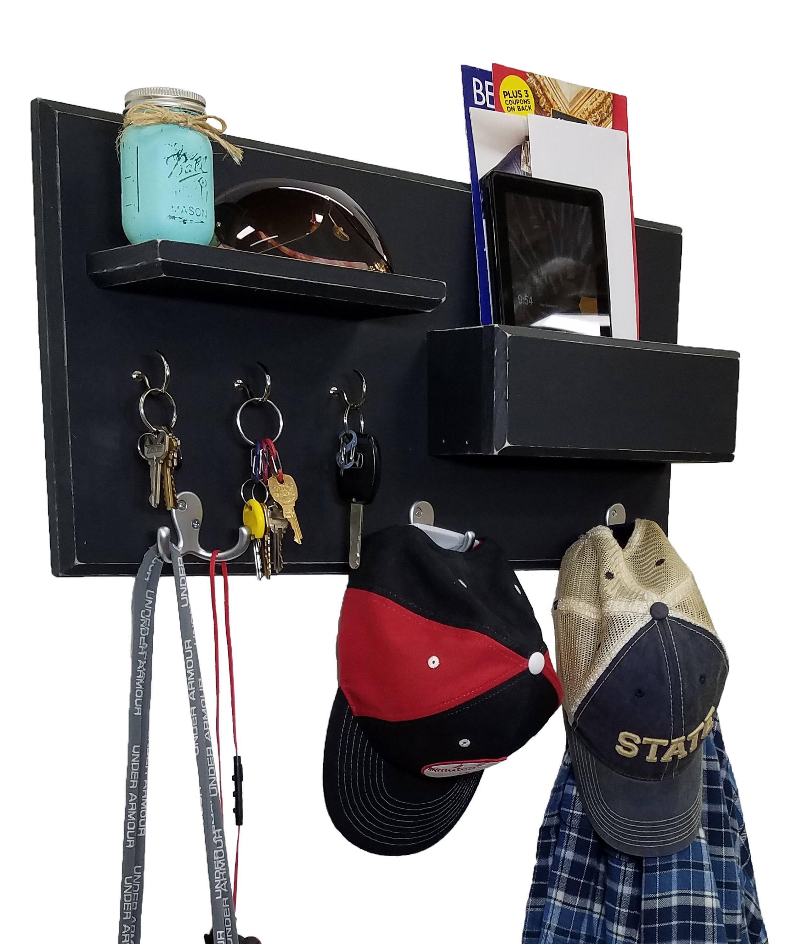 Hamilton Elite Wall Mounted Organizer, Shown in Kettle Black with Nickel Hooks