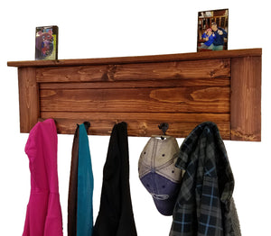 Chapel Hill Wall Rack with Shelf, 20 Stain Colors, Shown in Red Oak, Oiled Bronze Hooks