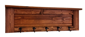 Chapel Hill Wall Rack with Shelf, 20 Stain Colors, Shown in Red Oak, Oiled Bronze Hooks