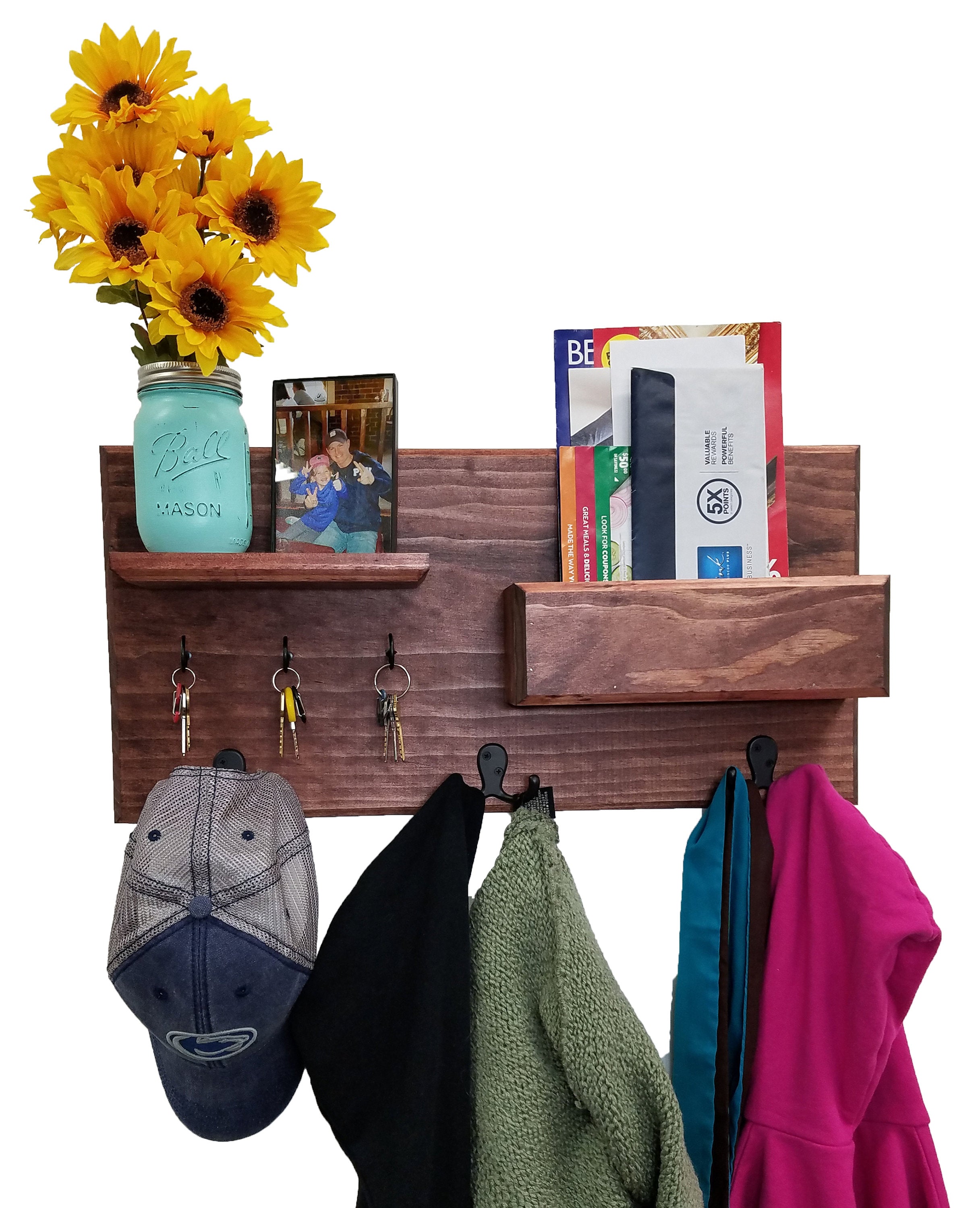 Hamilton Elite Wall Mounted Mail Organizer, Shown in Red Mahogany with Oiled Bronze Hooks