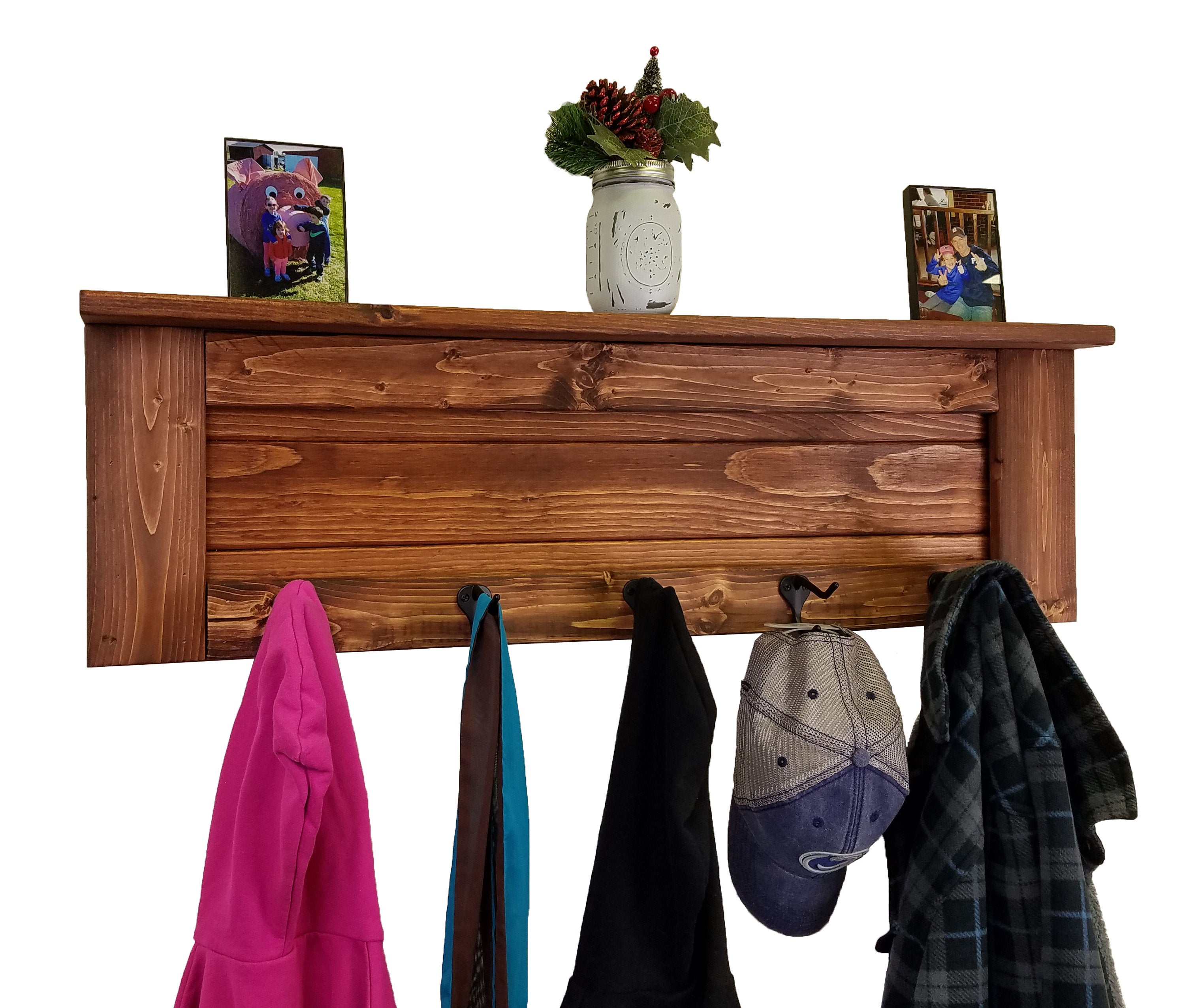 Chapel Hill Wall Rack with Shelf, 20 Stain Colors, Shown in Red Oak, Oiled Bronze Hooks