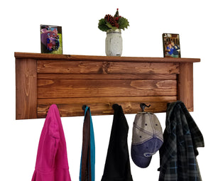 Chapel Hill Wall Rack with Shelf, 20 Stain Colors, Shown in Red Oak, Oiled Bronze Hooks