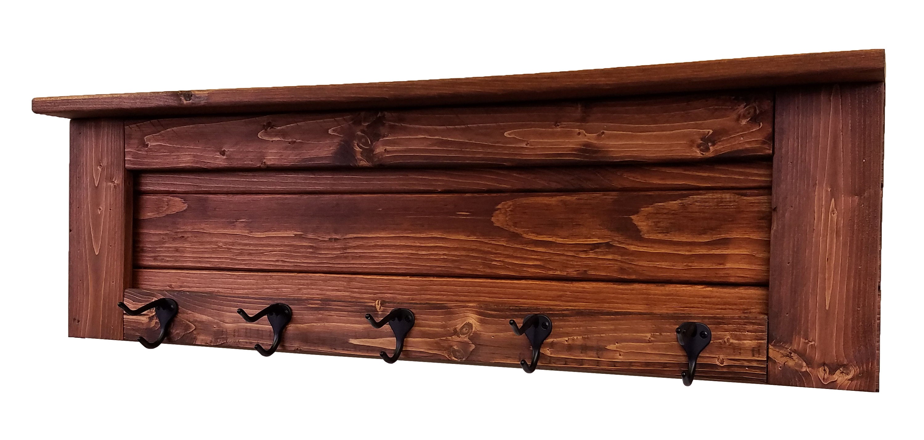 Chapel Hill Wall Rack with Shelf, 20 Stain Colors, Shown in Red Oak, Oiled Bronze Hooks