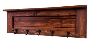 Chapel Hill Wall Rack with Shelf, 20 Stain Colors, Shown in Red Oak, Oiled Bronze Hooks