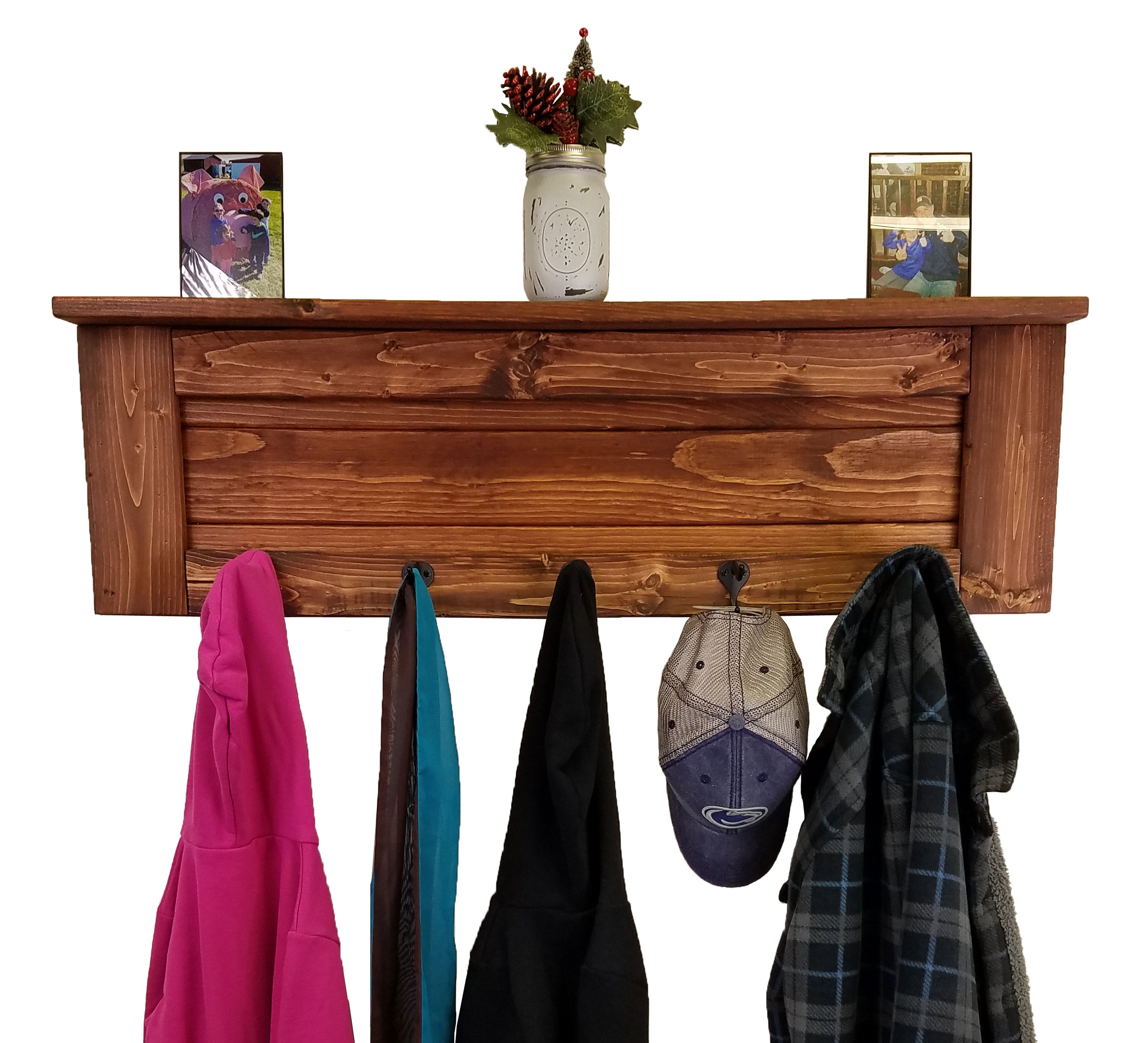 Chapel Hill Wall Rack with Shelf, 20 Stain Colors, Shown in Red Oak, Oiled Bronze Hooks