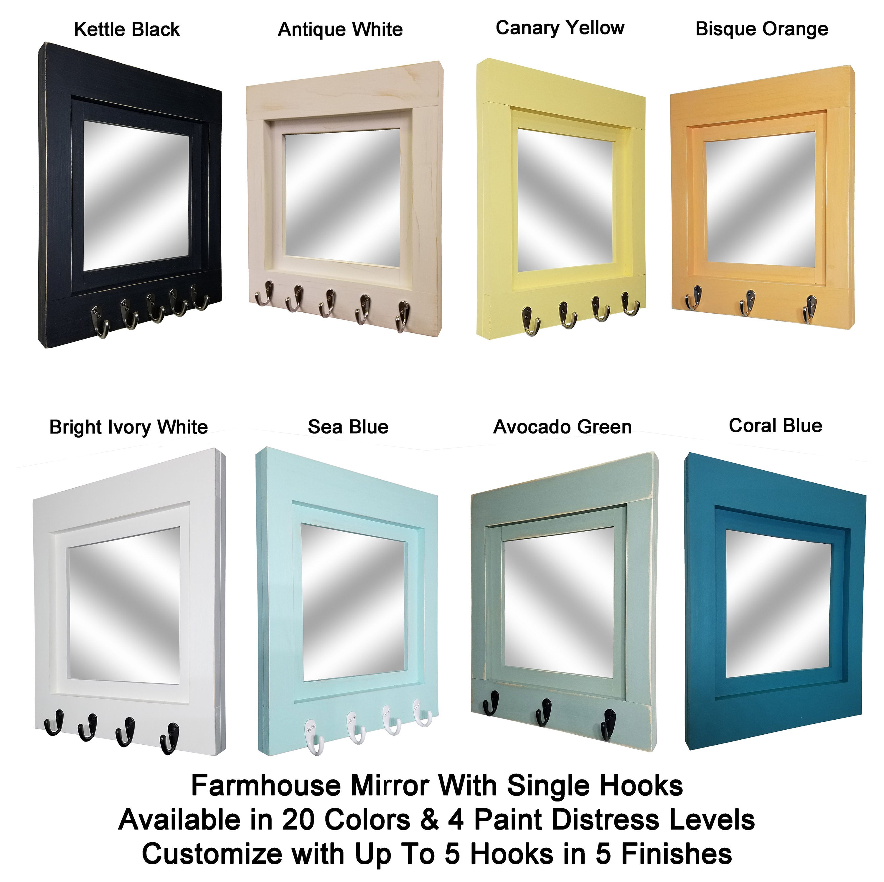 Quakertown Farmhouse Mirror With Hooks, 20 Paint Colors - Renewed Decor & Storage
