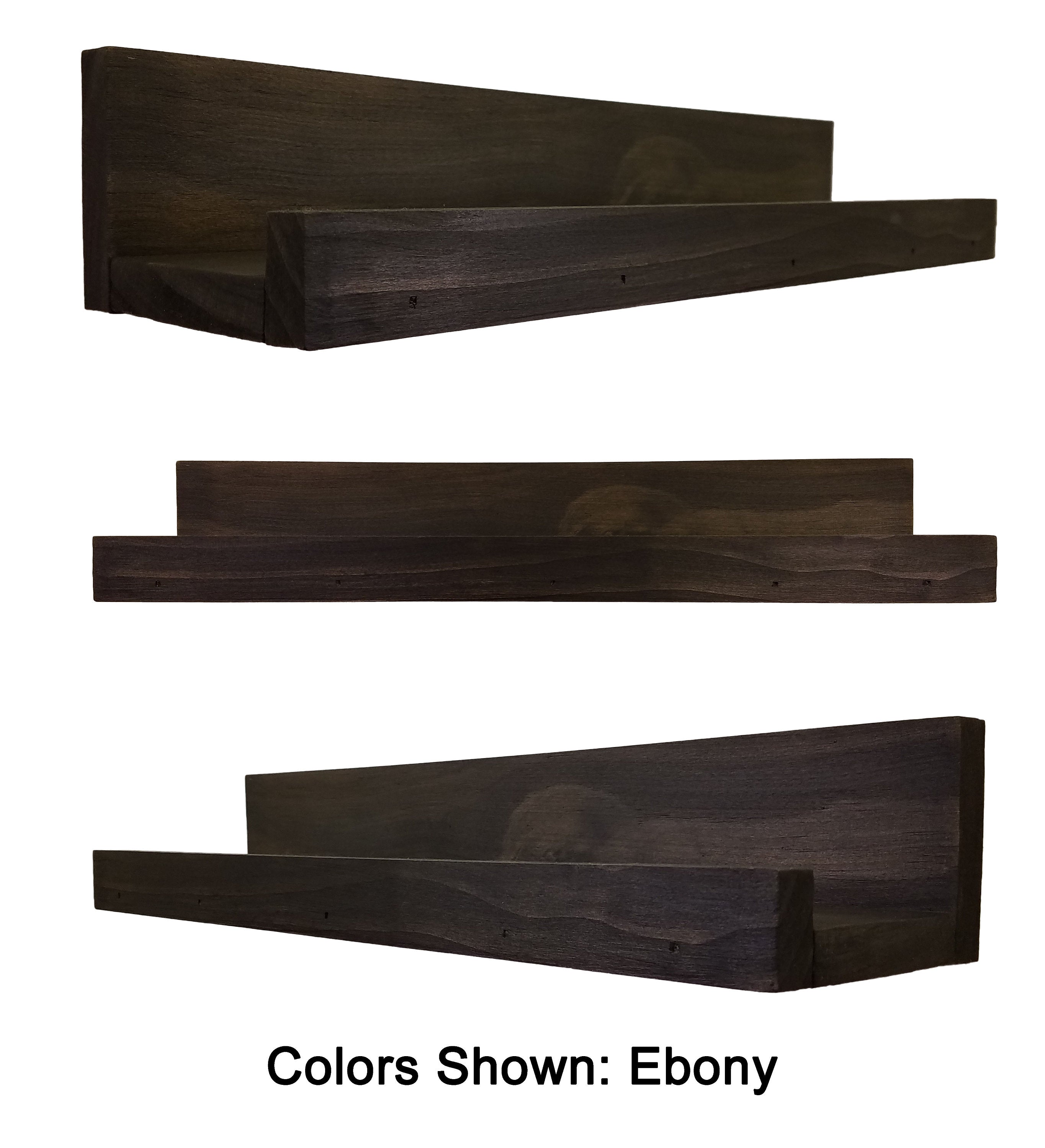 Farmhouse Rustic Wooden Ledge Shelf, 11 Sizes & 20 Stain Colors, Shown in Ebony