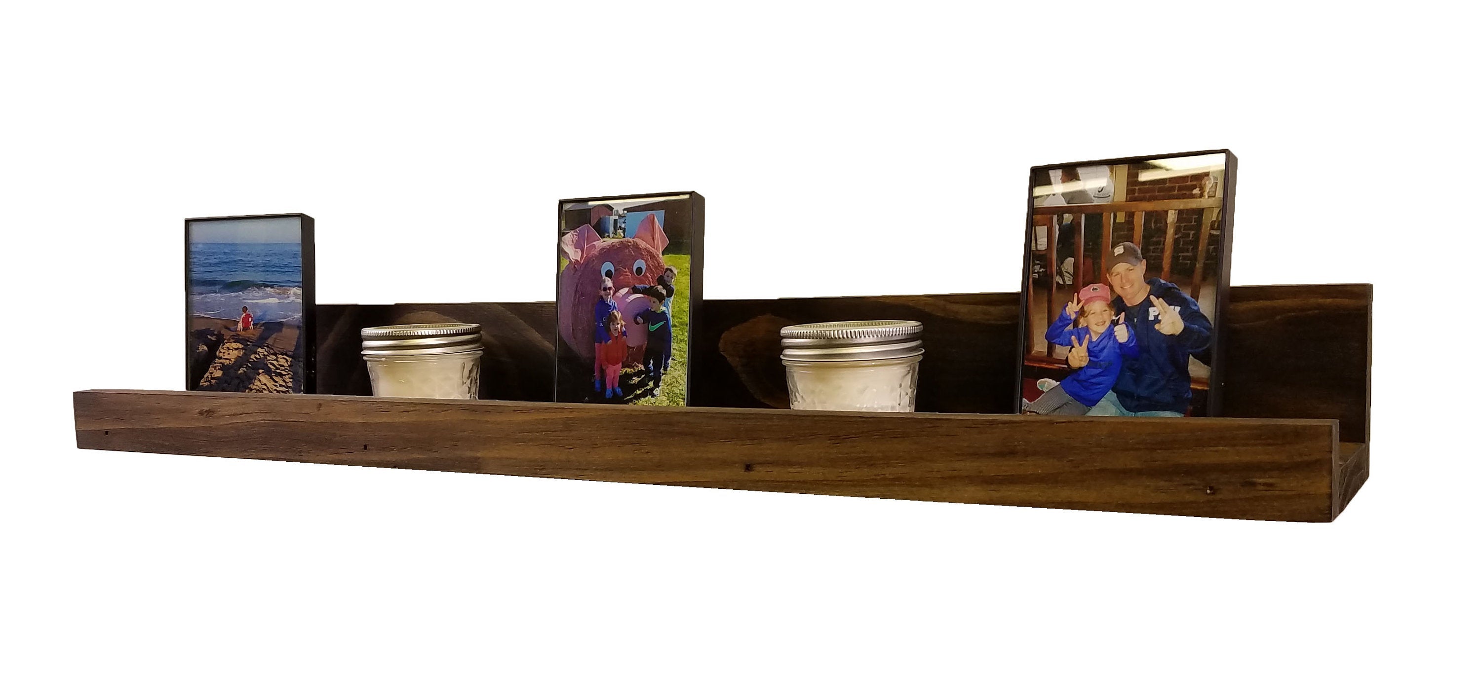 Farmhouse Rustic Wooden Picture Ledge Shelf, 20 Stain Colors - Renewed Decor & Storage