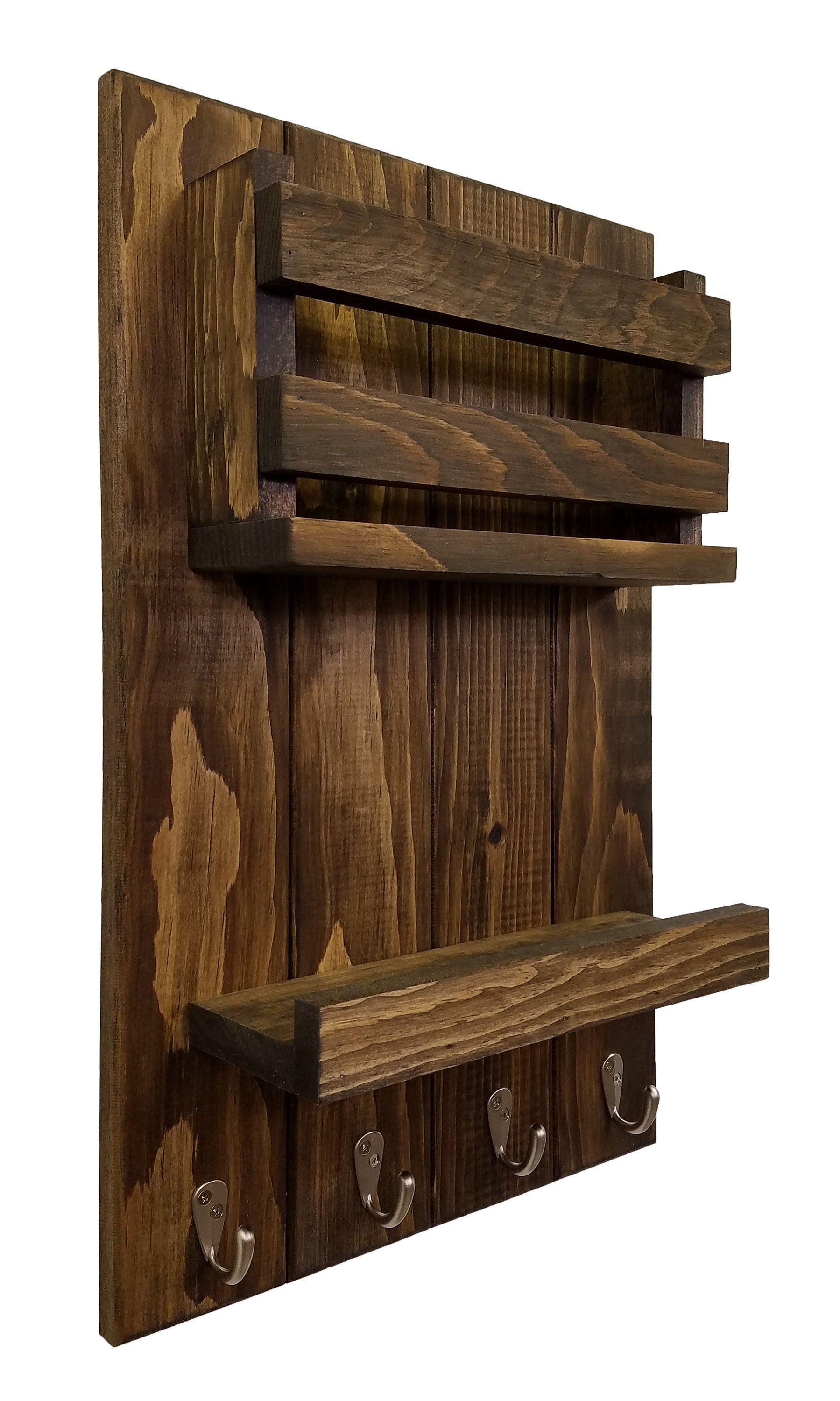 Harvest Rustic Large Vertical Mail Organizer, Shown in Dark Walnut with Nickel Hooks