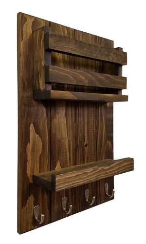 Harvest Rustic Large Vertical Mail Organizer, Shown in Dark Walnut with Nickel Hooks