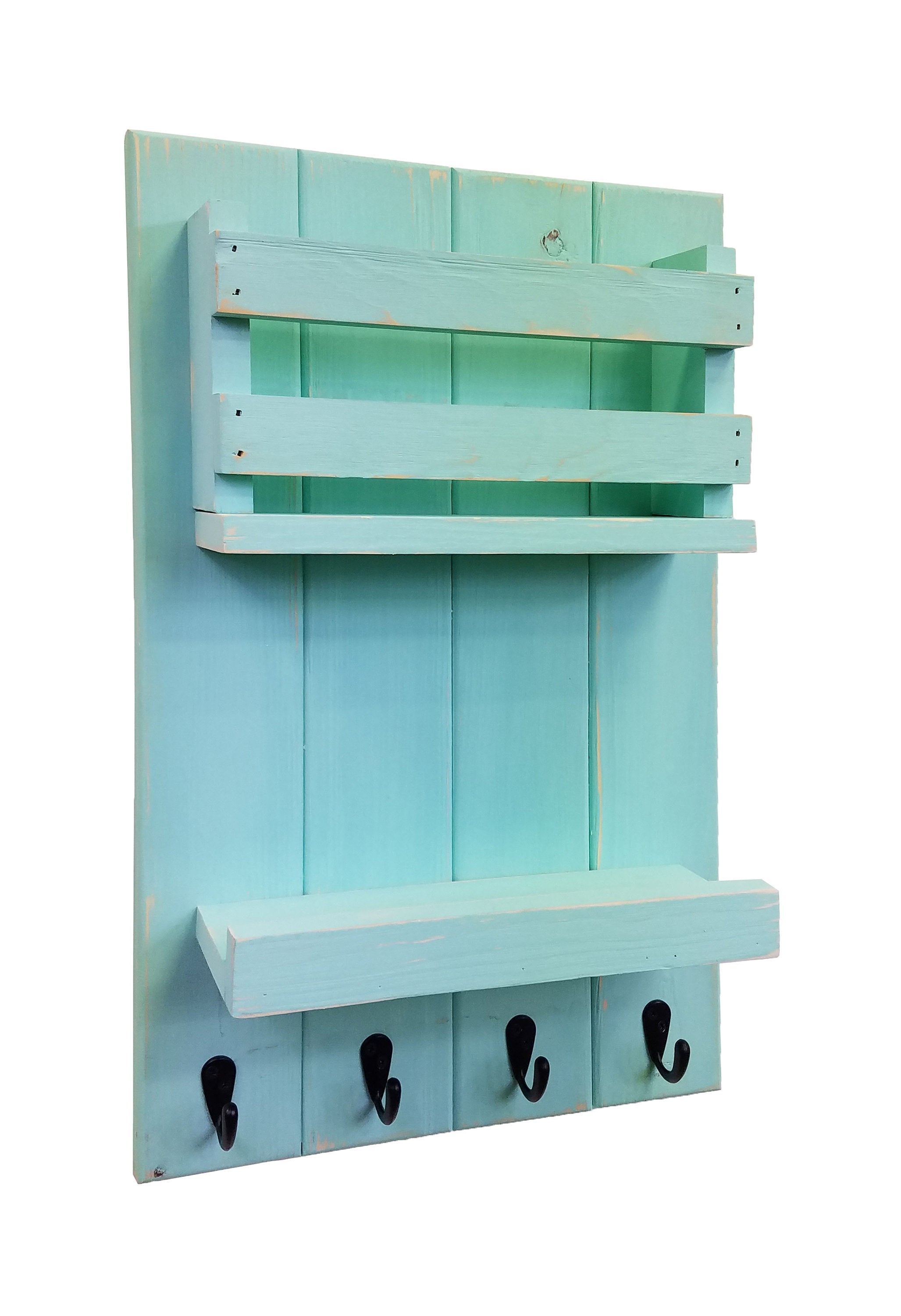 Harvest Rustic Large Vertical Mail Organizer, Shown in Sea Blue with Oiled Bronze Hooks
