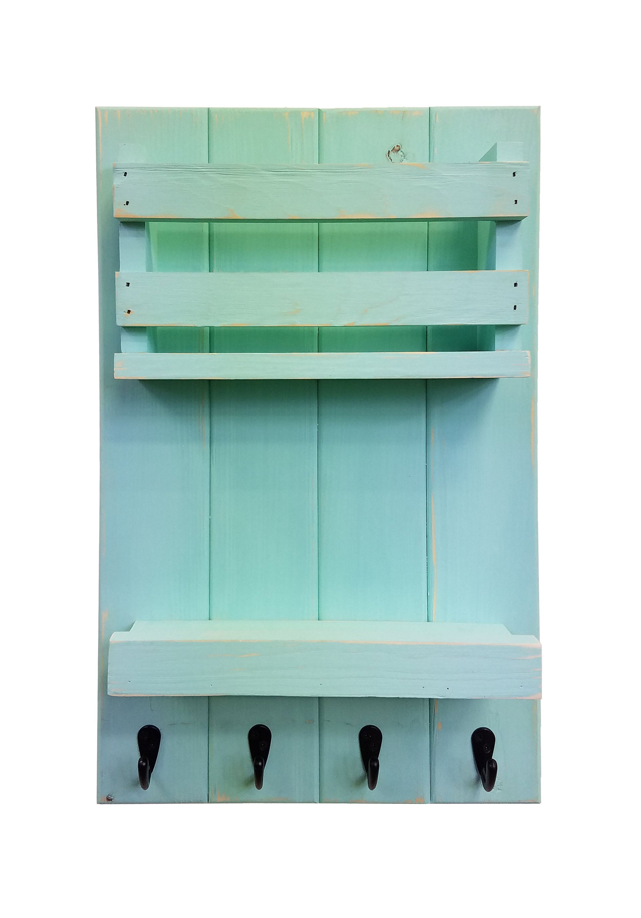 Harvest Rustic Large Vertical Mail Organizer, Shown in Sea Blue with Oiled Bronze Hooks