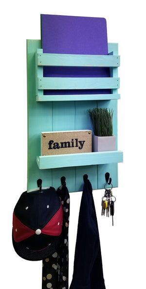 Harvest Rustic Large Vertical Mail Organizer, Shown in Sea Blue with Oiled Bronze Hooks