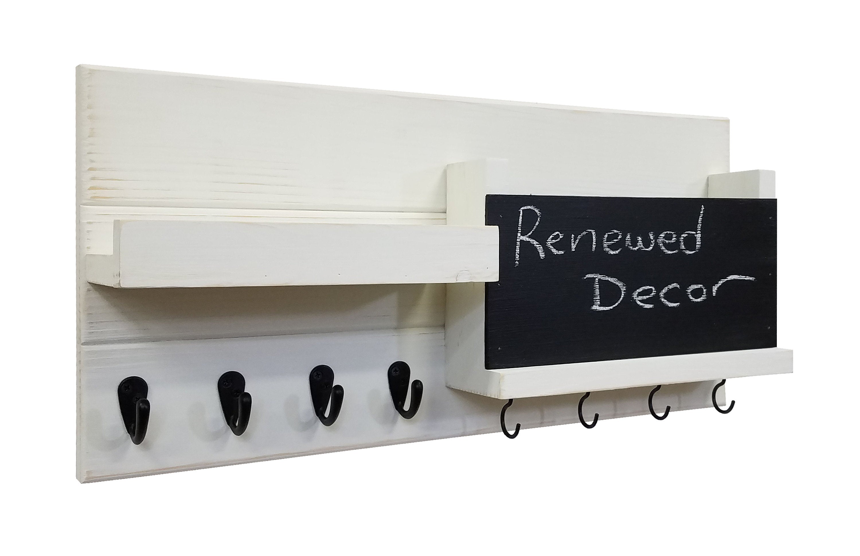 Restyled Memo Chalkboard Farmhouse Mail Organizer with Hooks, Entryway Organizer - Renewed Decor & Storage