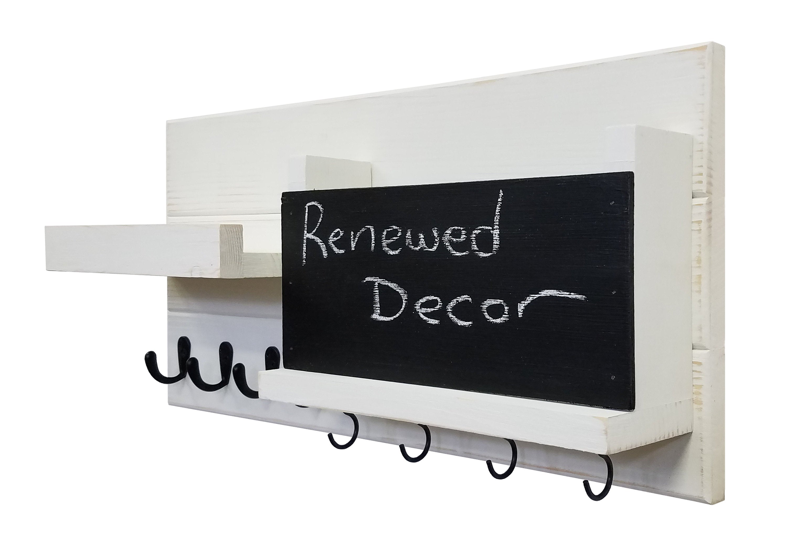 Restyled Memo Chalkboard Farmhouse Mail Organizer with Hooks, Entryway Organizer - Renewed Decor & Storage