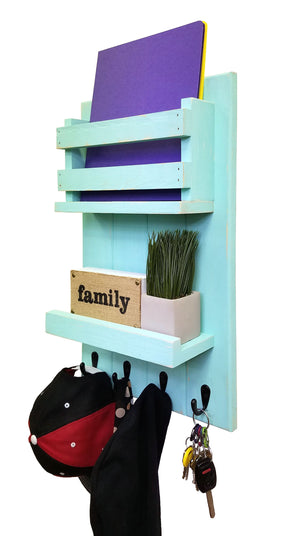 Harvest Rustic Large Vertical Mail Organizer, Shown in Sea Blue with Oiled Bronze Hooks
