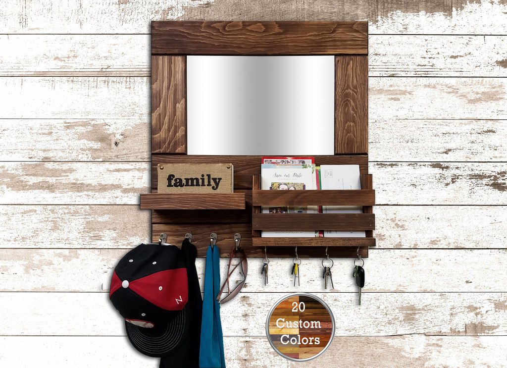 Bristol Organizer, Mirror, Mail Holder, Shelf with Hooks - 20 Stain Colors - Renewed Decor & Storage