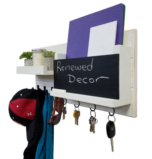 Restyled Memo Chalkboard Farmhouse Mail Organizer with Hooks, Entryway Organizer - Renewed Decor & Storage