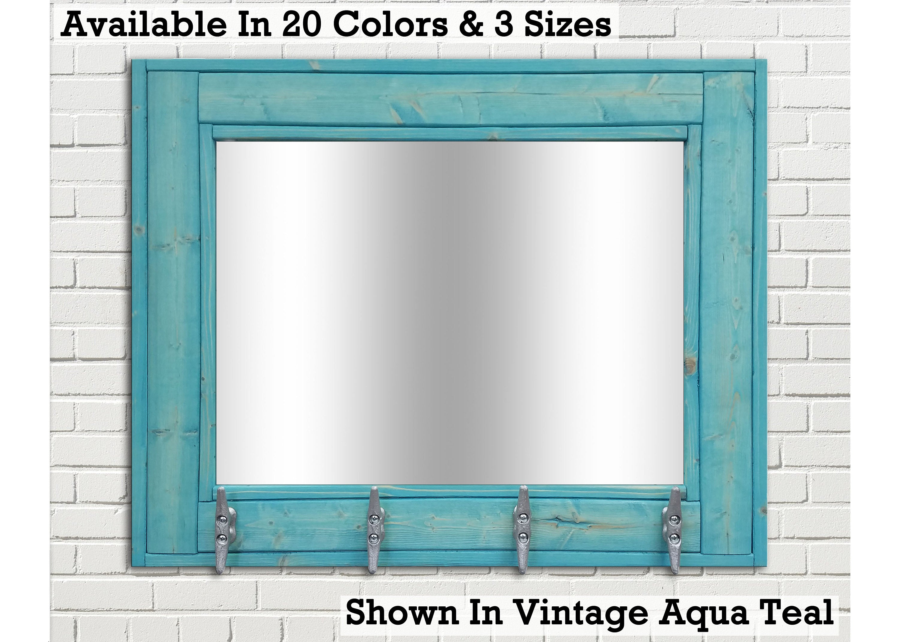 Boat House Row Mirror with Boat Cleats, 33 Stain Colors, Shown in Vintage Aqua Teal