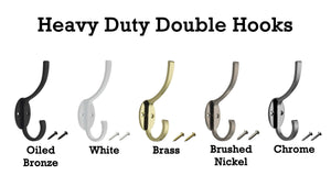 Wooden Wall Mounted Coat Rack - Heavy Duty Double Hooks, 5 Finishes Oiled Bronze, Nickel, Chrome, Brass & White