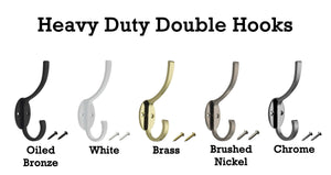 Heavy Duty Double Hooks, 5 Finishes Oiled Bronze, Nickel, Chrome, Brass & White