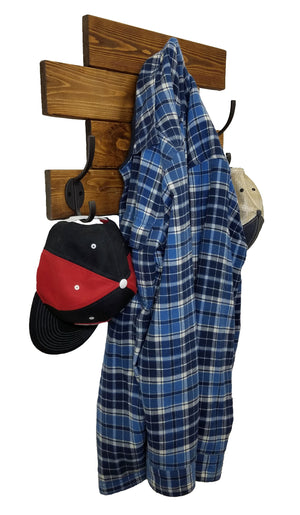 Cabin Wall Mounted Coat Rack - 20 Stain Colors, Shown in Provincial & Oiled Bronze Hooks