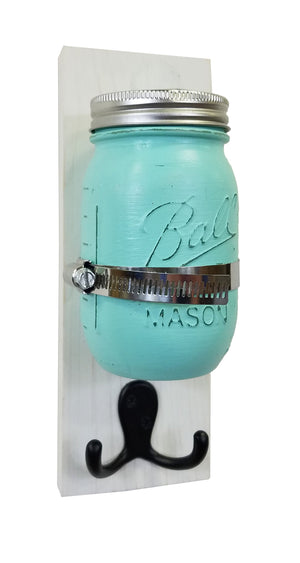 Shabby Chic Mason Jar Wall Sconce & Key Hook, Show in Bright White, Sea Blue & Oiled Bronze Hook