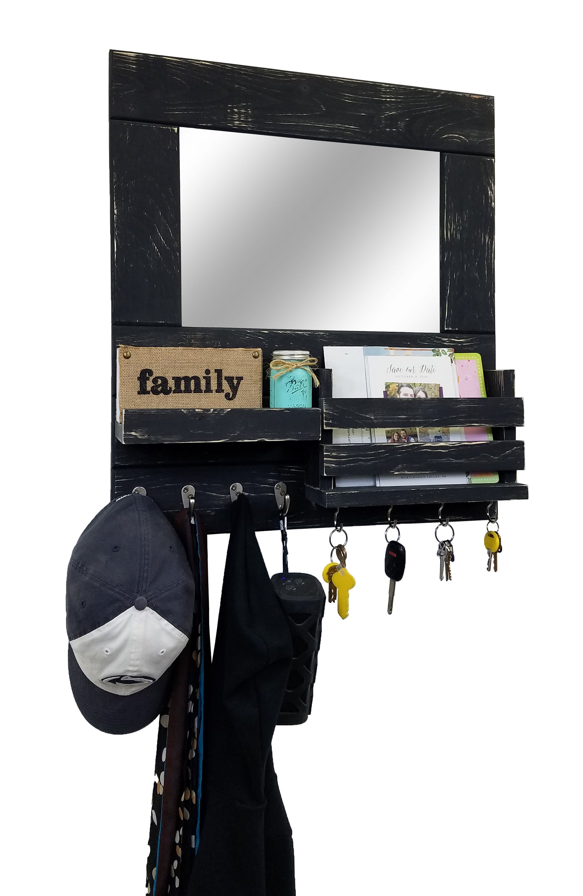 Bristol Organizer, Mirror, Mail Holder, Shelf with Hooks - 20 Paint Colors, Shown in Kettle Black