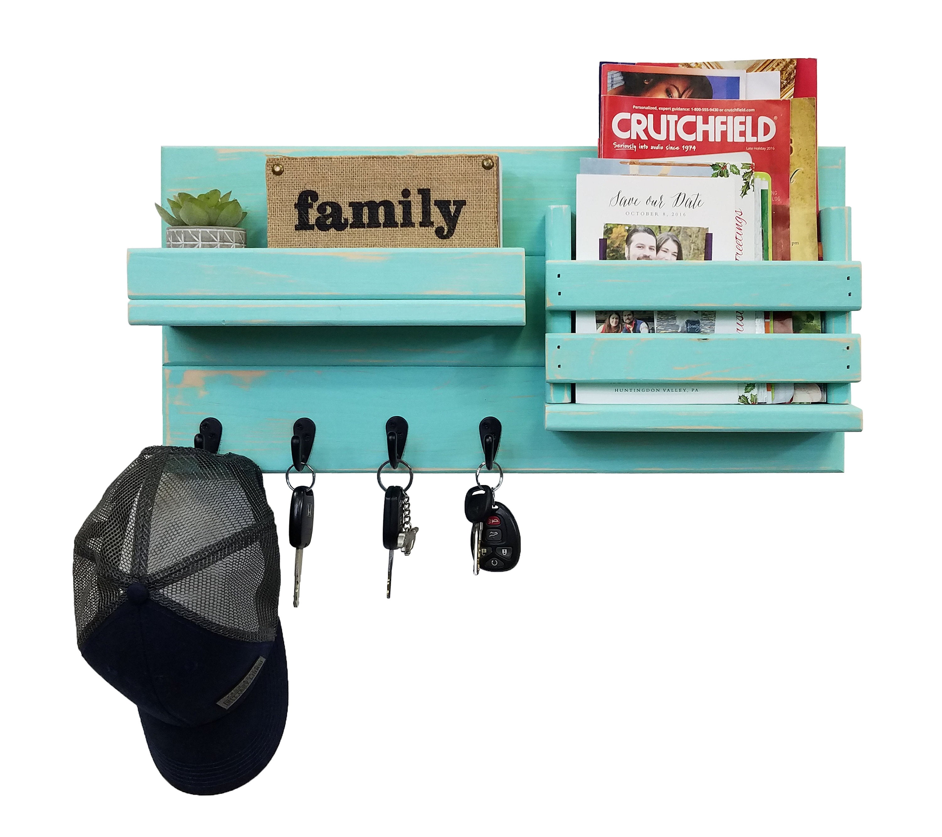 Classic Farmhouse Organizer, 20 Colors & 5 Hook Finishes, Shown in Sea Blue & Oiled Bronze Hooks