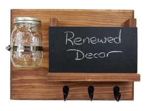 Jefferson Organizer, Chalkboard, Hooks & Decorative Mason Jar, 20 Stain Colors - Renewed Decor & Storage