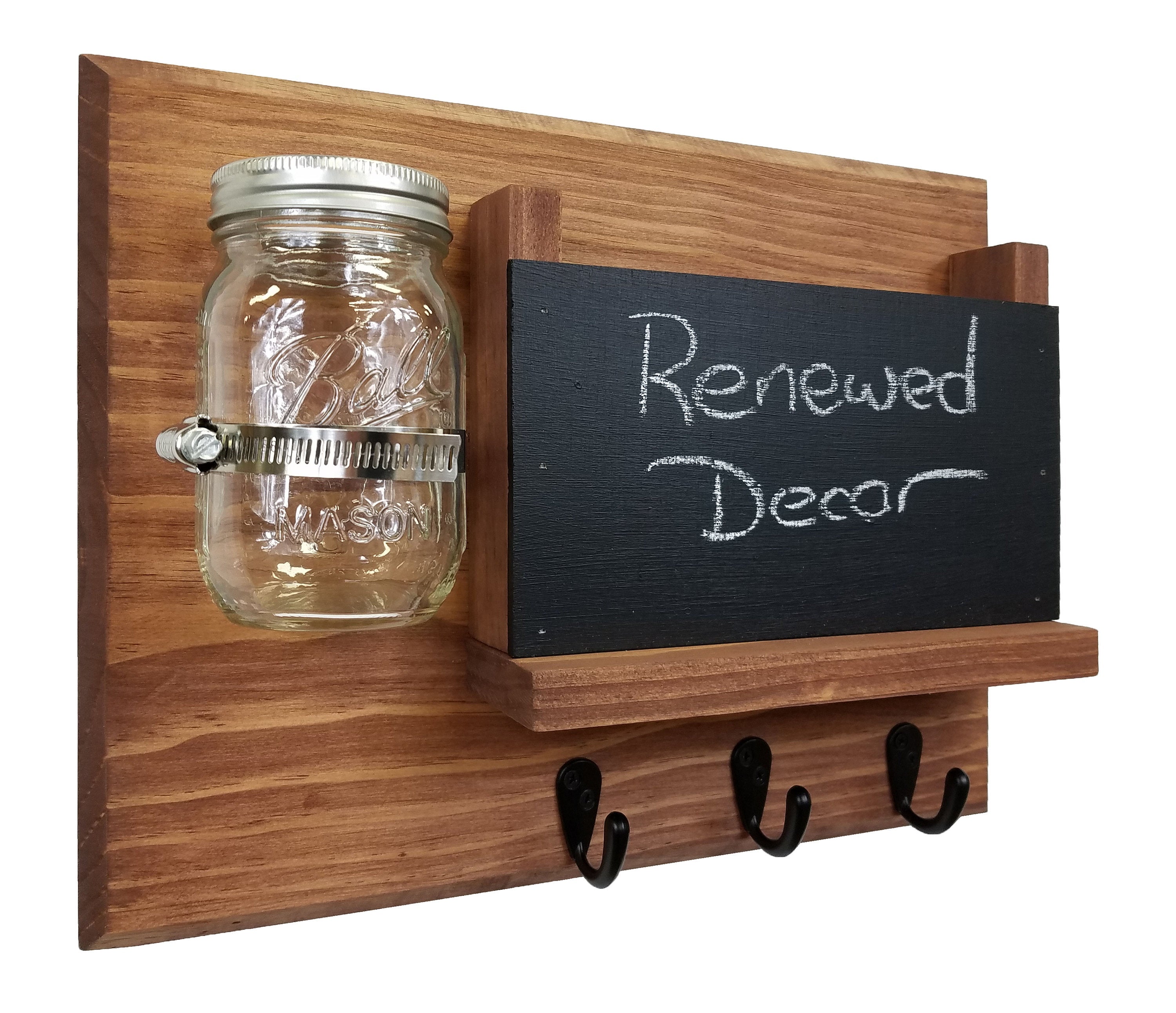 Jefferson Organizer, Chalkboard, Hooks & Decorative Mason Jar, 20 Stain Colors - Renewed Decor & Storage