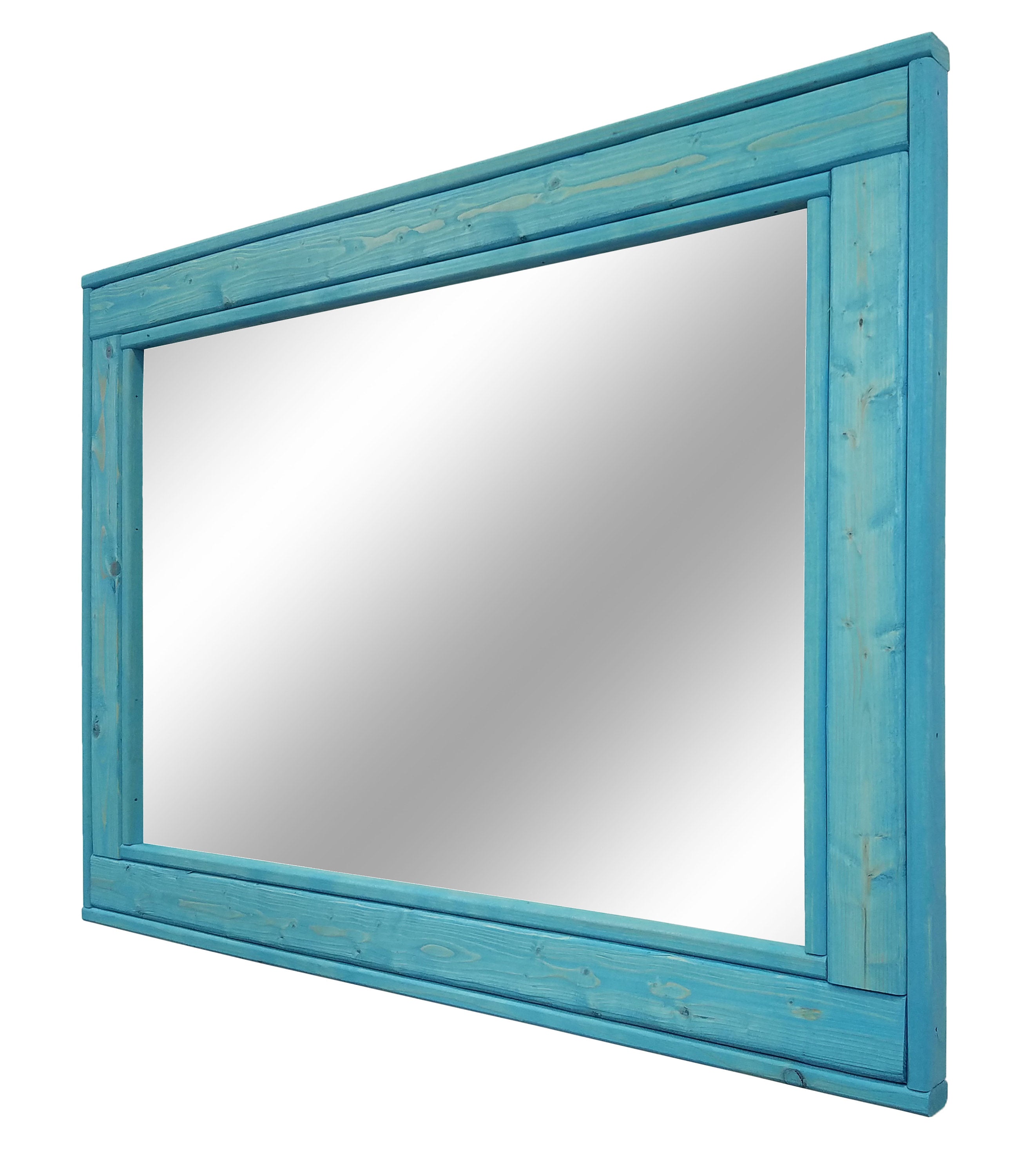 Herringbone Reclaimed Styled Wood Mirror, 5 Sizes & 13 Stain Colors, Shown in Vintage Aqua