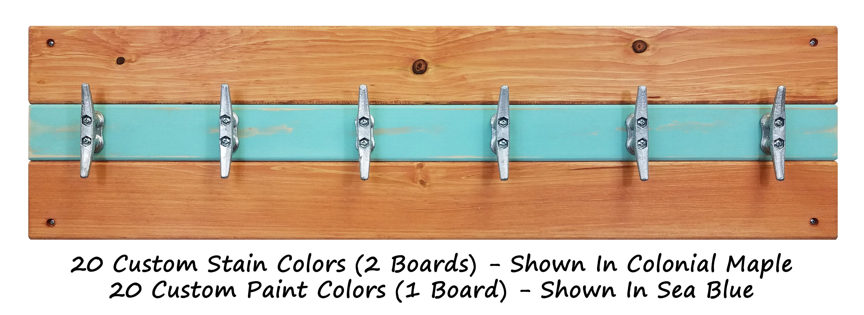 Cape May Boat Cleat Wall Hooks - 400 Color Combinations, Colonial Maple & Sea Blue