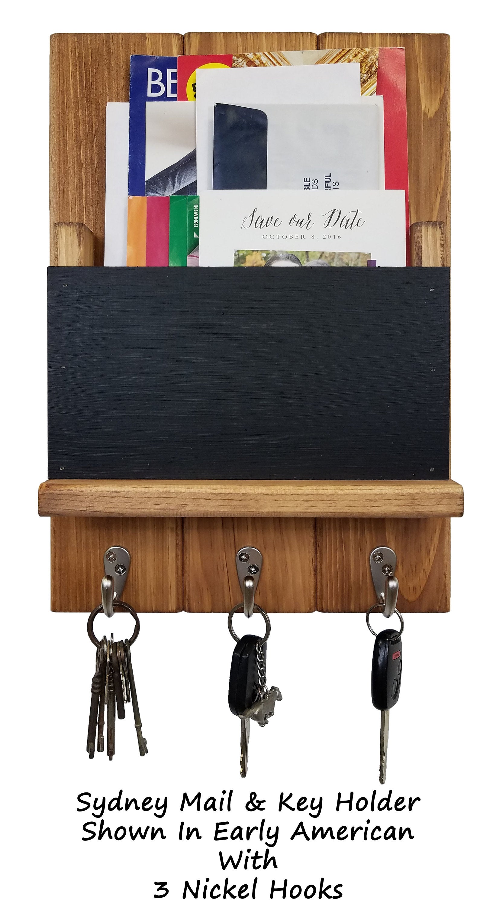 Chalkboard Front Sydney Mail Slot with Hooks, 20 Stain Colors, Shown in Early American, Nickel Hooks