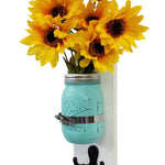 Shabby Chic Mason Jar Wall Sconce & Key Hook, Show in Bright White, Sea Blue & Oiled Bronze Hook