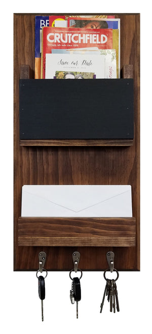 Chalkboard Urban Mail Organizer with Hooks, 20 Stain Colors, Shown in Special Walnut, Nickel Hooks