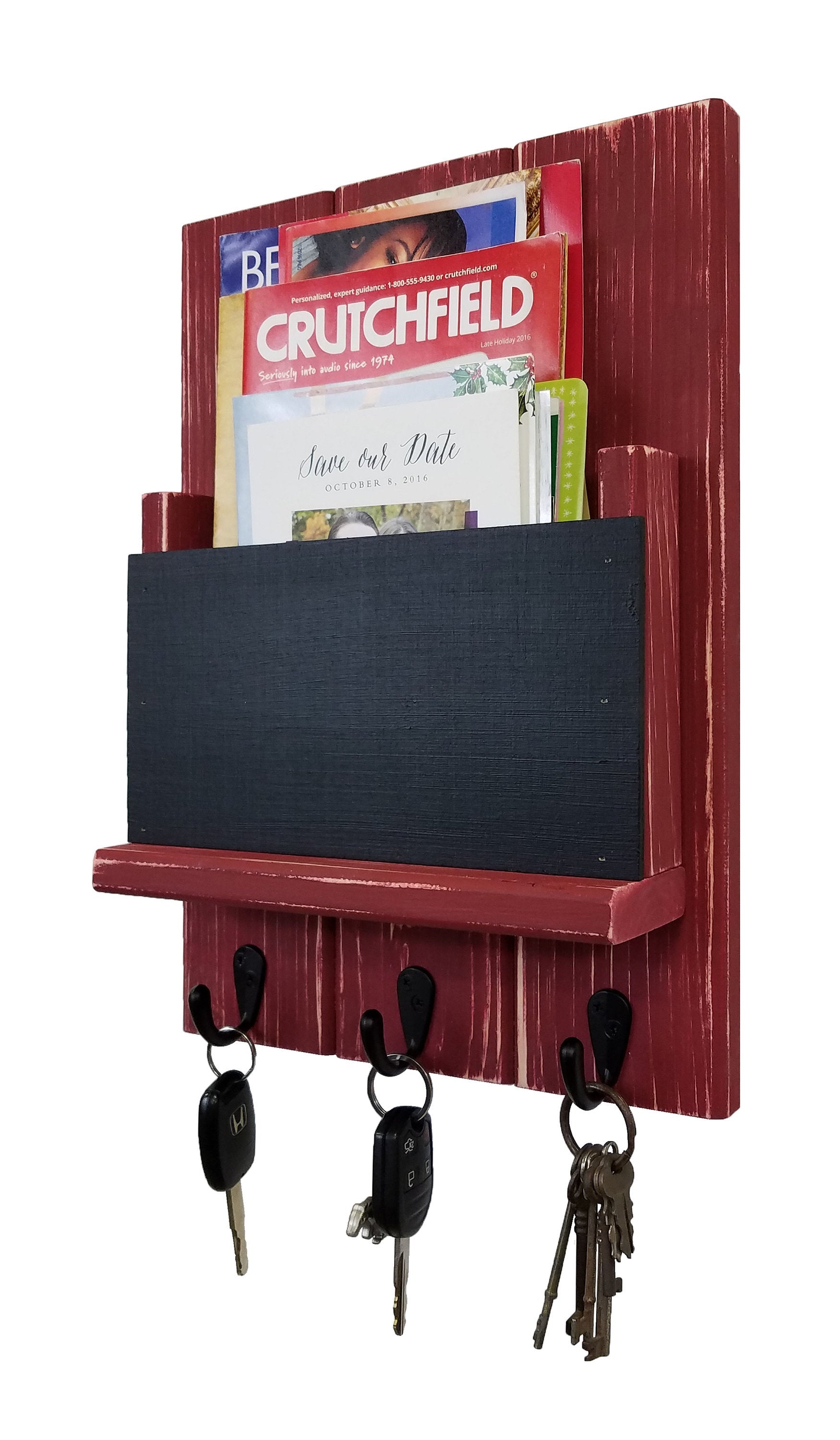 Chalkboard Front Sydney Mail Slot with Hooks, 20 Paint Colors, Shown in Sundried Tomato Red
