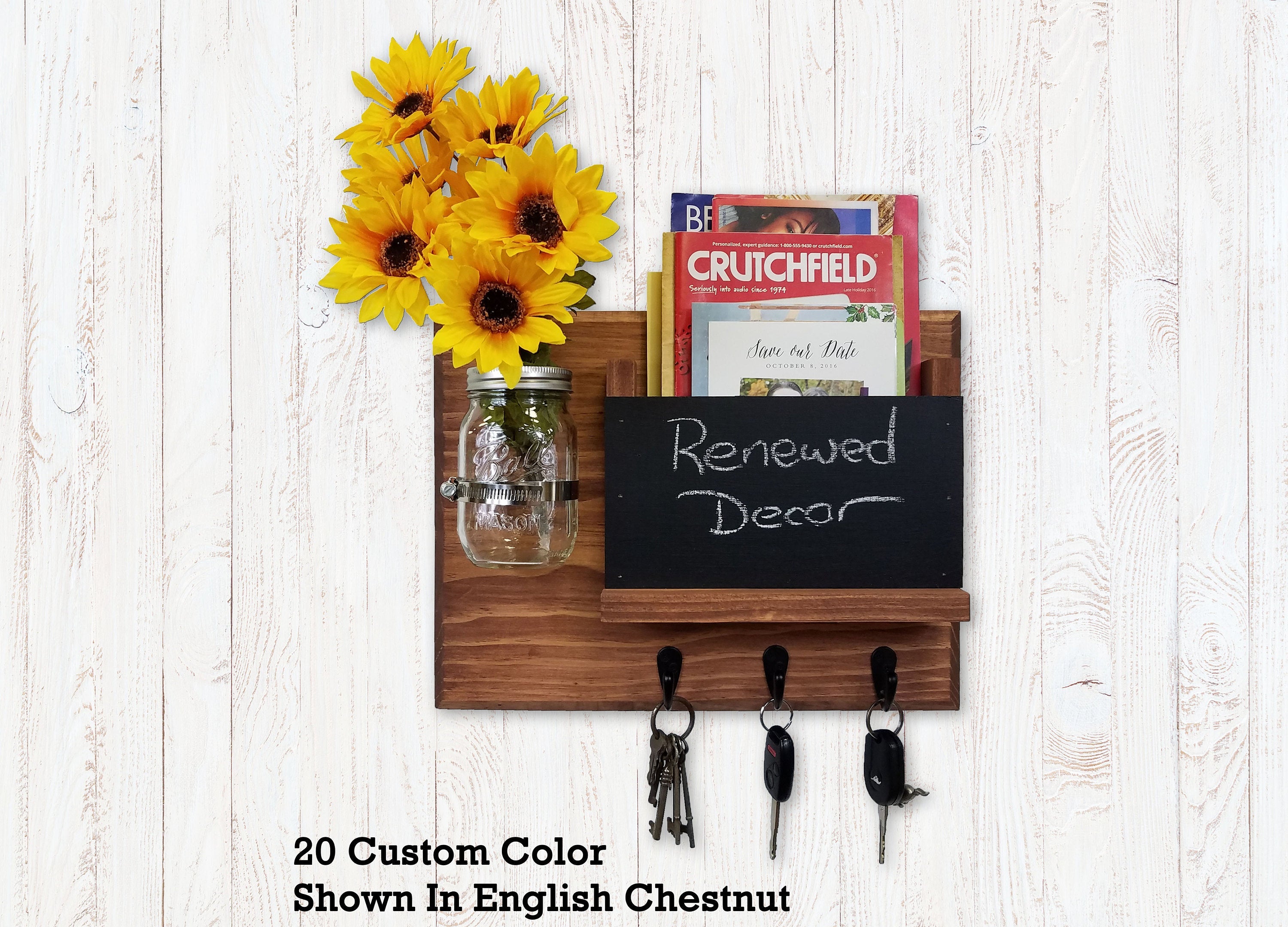 Jefferson Organizer, Chalkboard, Hooks & Decorative Mason Jar, 20 Stain Colors - Renewed Decor & Storage