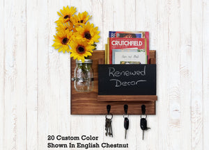 Jefferson Organizer, Chalkboard, Hooks & Decorative Mason Jar, 20 Stain Colors - Renewed Decor & Storage