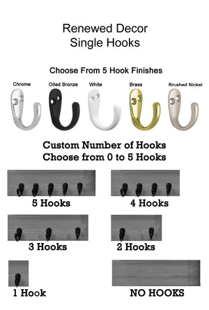 Cutom Number of Single Hooks 0 to 5, 5 Finishes Oiled Bronze, Nickel, Chrome, Brass White